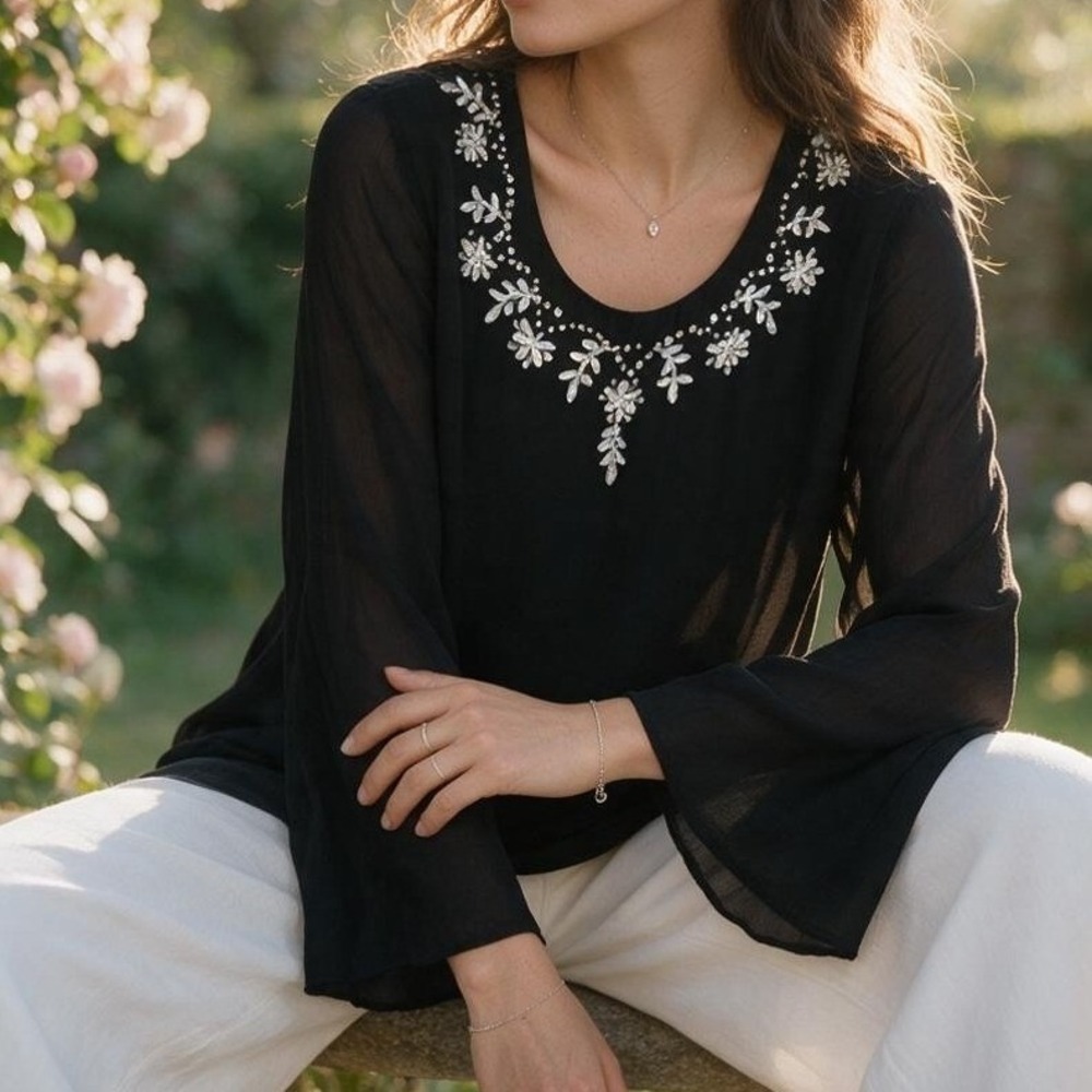 Dressbarn Woman Sequin Floral Blouse 18 Black Whimsigoth Dark Romantic